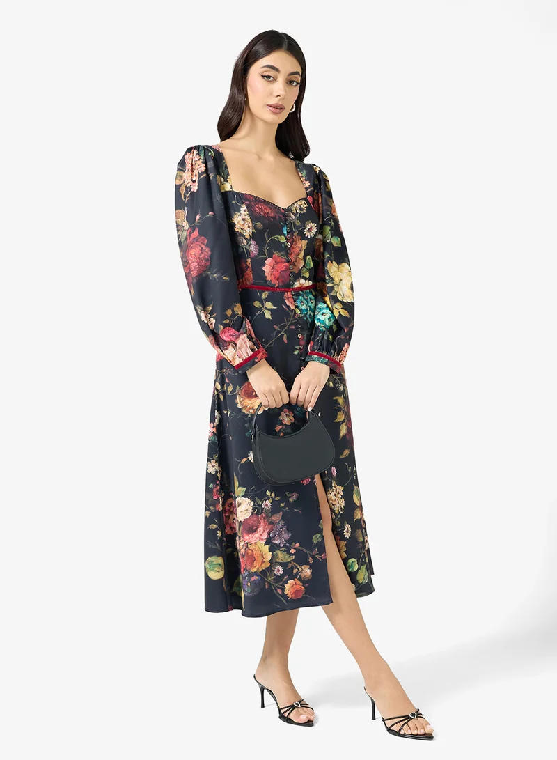 Sweatheart Neck Long Sleeve Floral Print Midi Dress