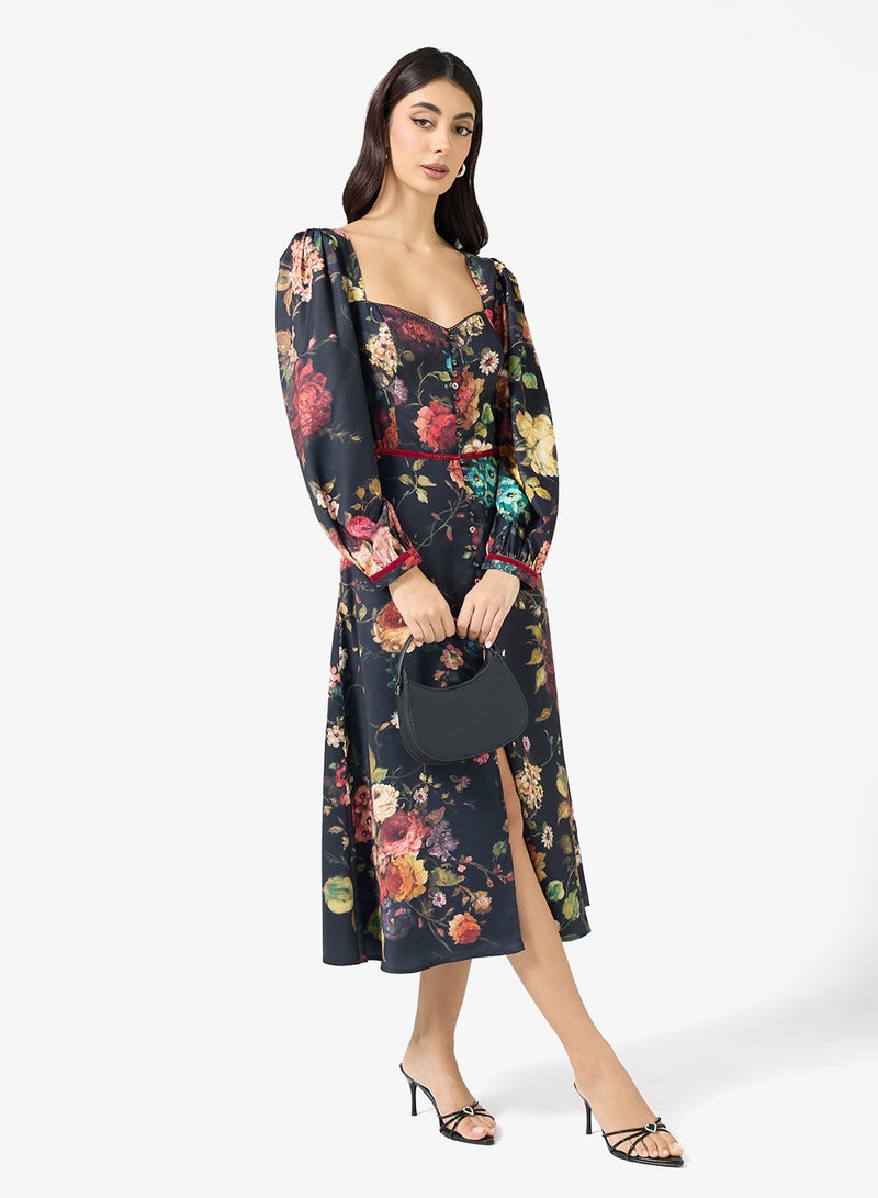 Hope & Ivy Sweatheart Neck Long Sleeve Floral Print Midi Dress - Image 1