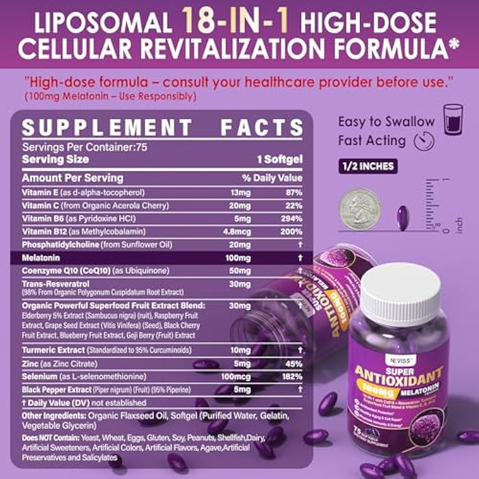 NEVISS Melatonin 100mg for Antioxidant & Cognitive Health, Ultra High Dose Melatonin with CoQ10, Turmeric, Trans-Resveratrol, Vitamin B12 C E for Brain Anti-Aging, Cellular Repair and Energy, 75 Softgels - Image 2
