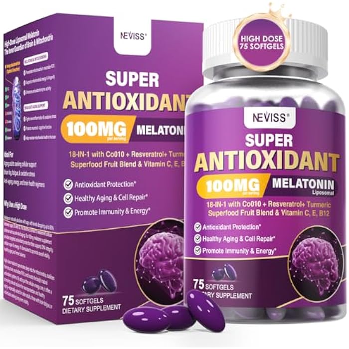 NEVISS Melatonin 100mg for Antioxidant & Cognitive Health, Ultra High Dose Melatonin with CoQ10, Turmeric, Trans-Resveratrol, Vitamin B12 C E for Brain Anti-Aging, Cellular Repair and Energy, 75 Softgels - Image 1