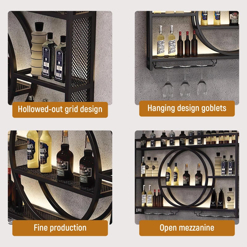 TONGBOSHI Metal Wall Mounted Wine Rack with LED Light, Modern 3-Tier Glass Holder and Stemware Shelves for Kitchen, Bar, Dining Room (Black, 100cm/39.4in) - Image 2