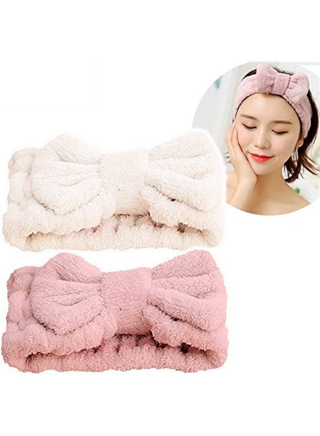 Jseng Microfiber Bowtie Women Beauty Headbands, Extrame Soft & Ultra Absorbent, Comfort to Wash Makeup Shower Facial Skincare Spa Thick Hair Band for Girls (Beige+Pink) - Image 1