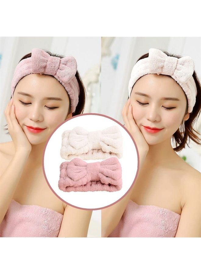 Jseng Microfiber Bowtie Women Beauty Headbands, Extrame Soft & Ultra Absorbent, Comfort to Wash Makeup Shower Facial Skincare Spa Thick Hair Band for Girls (Beige+Pink) - Image 2