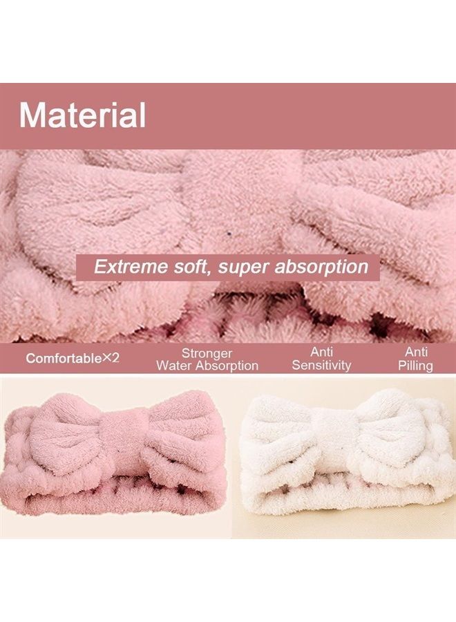 Jseng Microfiber Bowtie Women Beauty Headbands, Extrame Soft & Ultra Absorbent, Comfort to Wash Makeup Shower Facial Skincare Spa Thick Hair Band for Girls (Beige+Pink) - Image 3