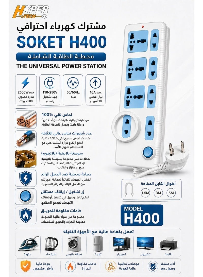 HYPERTECH Hyper Tech H400 Power Strip –3M - 2500W High Power – 100% Pure Copper – Platinum Spring Contacts – Universal Sockets 3M Cable – Overload Protection – Stable & Safe for Heavy-Duty Home Appliances - Image 1