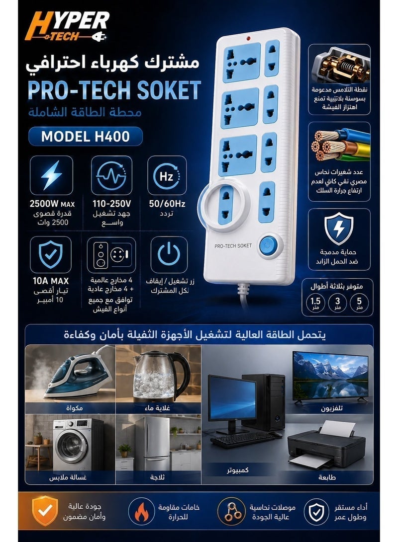 HYPERTECH Hyper Tech H400 Power Strip –3M - 2500W High Power – 100% Pure Copper – Platinum Spring Contacts – Universal Sockets 3M Cable – Overload Protection – Stable & Safe for Heavy-Duty Home Appliances - Image 2