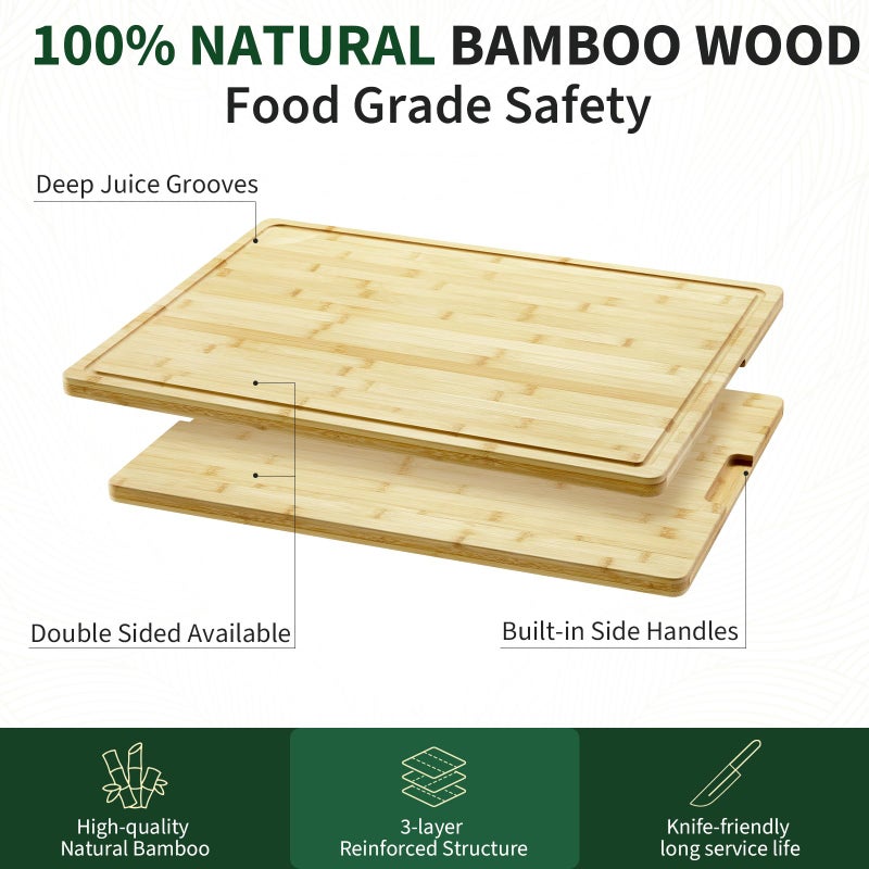 PeacefulHues 24"X18" Bamboo Cutting Boards for Kitchen, Extra Large Wood Cutting Board with Deep Juice Groove & Handle - Image 5
