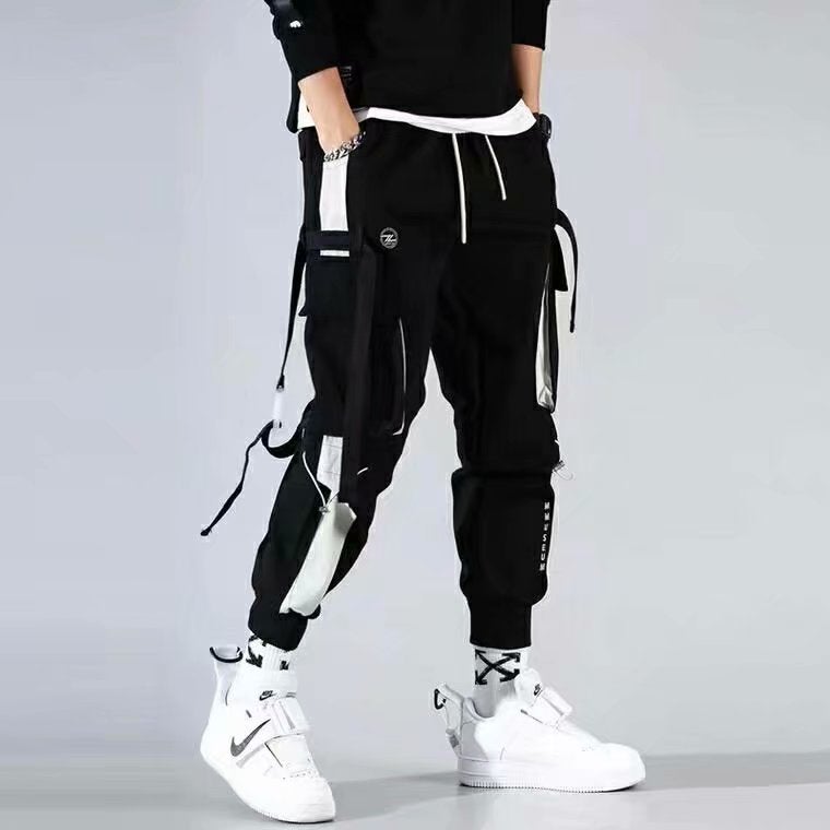 Multi-pocket overalls mens spring streamer functional handsome pants cross-border Korean-style loose casual pants Black - Image 1