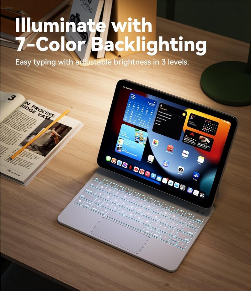 آرترابيت 【العربية والإنجليزية】لوحة المفاتيح السحرية لـ iPad Air 11 بوصة M4/M3/M2 و iPad Air الجيل الخامس/الرابع و iPad Pro 11" (الجيل الأول/الثاني/الثالث/الرابع)، حافظة لوحة مفاتيح مع حامل مغناطيسي، لوحة لمس متعددة اللمس، إضاءة خلفية بـ 7 ألوان، أبيض - Image 3