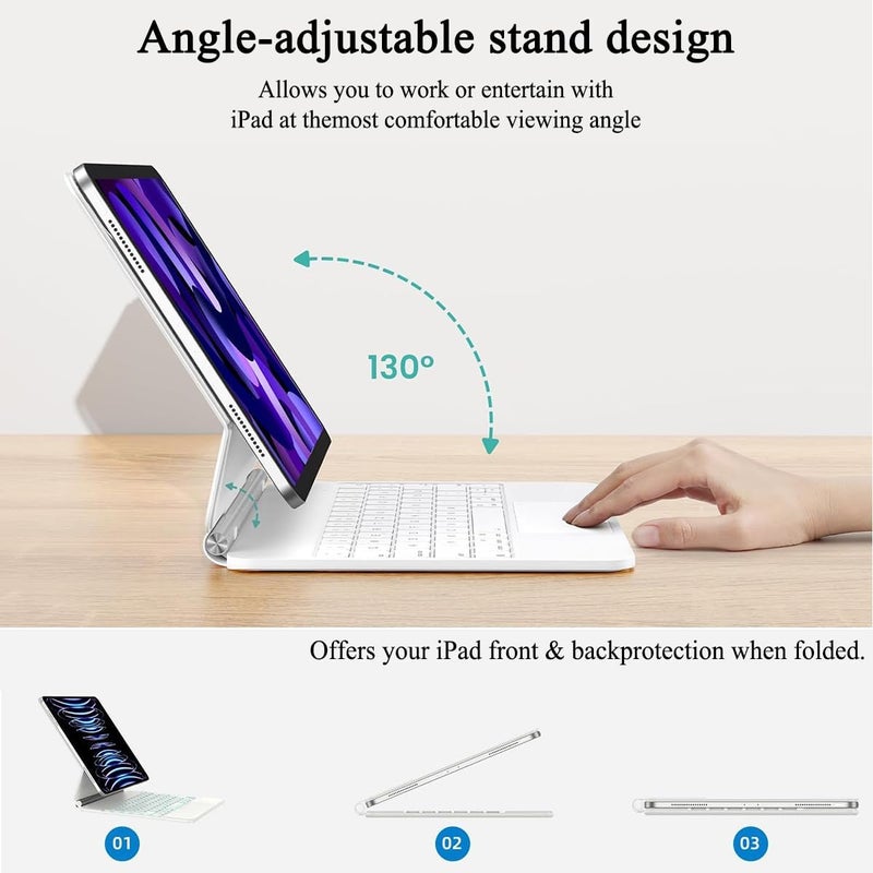 آرترابيت 【العربية والإنجليزية】لوحة المفاتيح السحرية لـ iPad Air 11 بوصة M4/M3/M2 و iPad Air الجيل الخامس/الرابع و iPad Pro 11" (الجيل الأول/الثاني/الثالث/الرابع)، حافظة لوحة مفاتيح مع حامل مغناطيسي، لوحة لمس متعددة اللمس، إضاءة خلفية بـ 7 ألوان، أبيض - Image 5