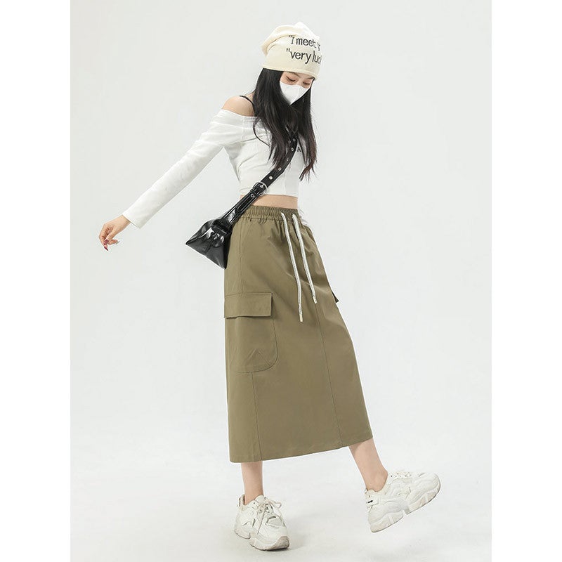 Women's Charcoal Gray Vintage Cargo Skirt, High Waist Bodycon Midi - Image 2