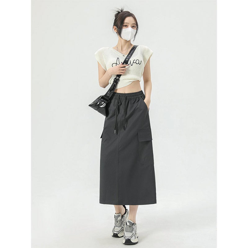Women's Charcoal Gray Vintage Cargo Skirt, High Waist Bodycon Midi - Image 1
