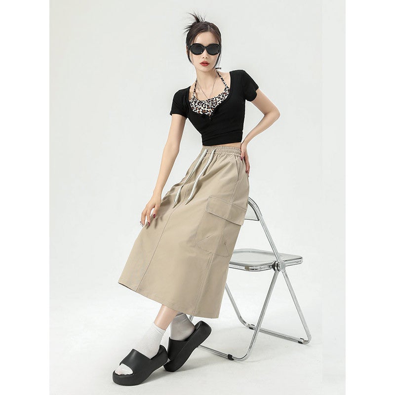 Women's Charcoal Gray Vintage Cargo Skirt, High Waist Bodycon Midi - Image 3