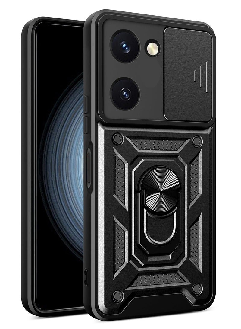 vivo Y03 4G/ Y18 4G/ Y18e 4G/ Y28s 5G Case, Slide Camera Lens Cover + 360°Rotating Kickstand Ring + Support Magnetic Car Mount Shockproof Mobile Phone Case Black - Image 1