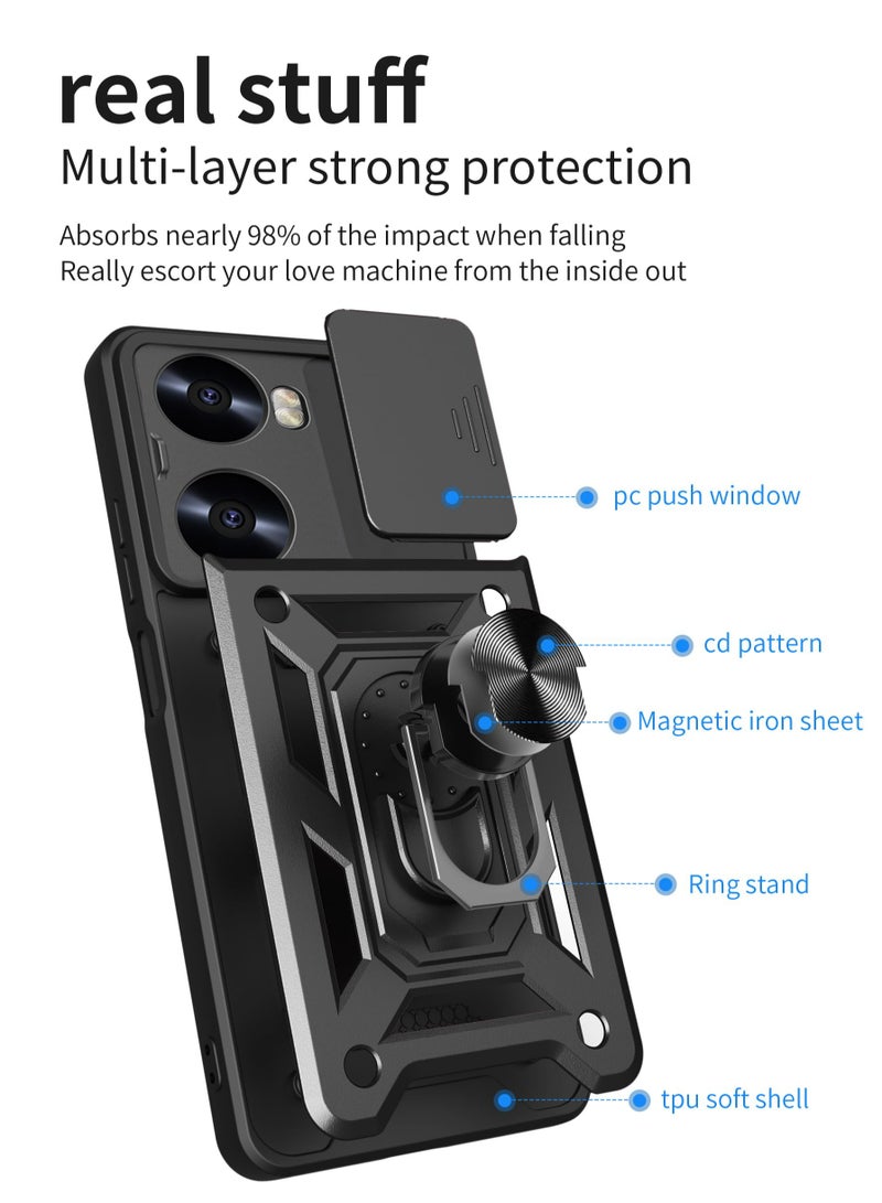 vivo Y03 4G/ Y18 4G/ Y18e 4G/ Y28s 5G Case, Slide Camera Lens Cover + 360°Rotating Kickstand Ring + Support Magnetic Car Mount Shockproof Mobile Phone Case Black - Image 2