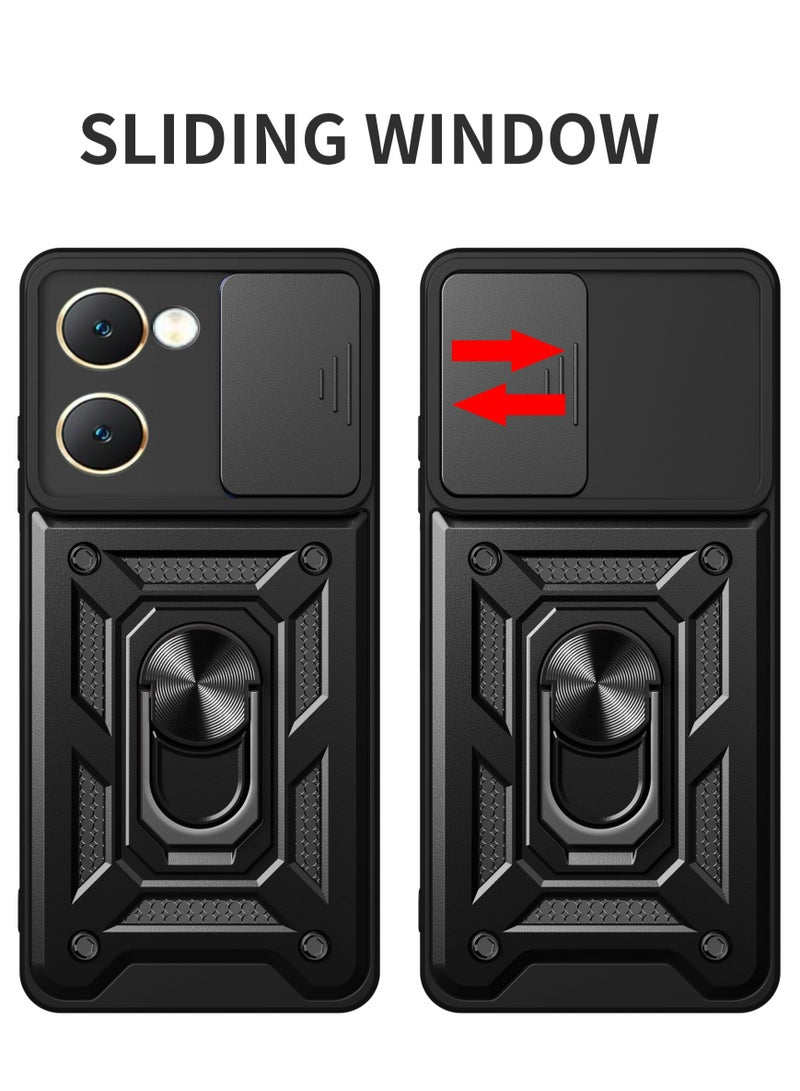 vivo Y03 4G/ Y18 4G/ Y18e 4G/ Y28s 5G Case, Slide Camera Lens Cover + 360°Rotating Kickstand Ring + Support Magnetic Car Mount Shockproof Mobile Phone Case Black - Image 3