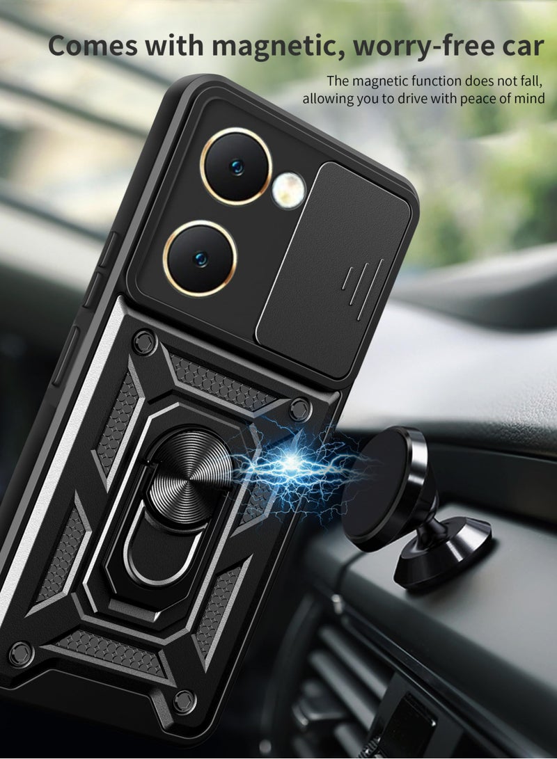 vivo Y03 4G/ Y18 4G/ Y18e 4G/ Y28s 5G Case, Slide Camera Lens Cover + 360°Rotating Kickstand Ring + Support Magnetic Car Mount Shockproof Mobile Phone Case Black - Image 5