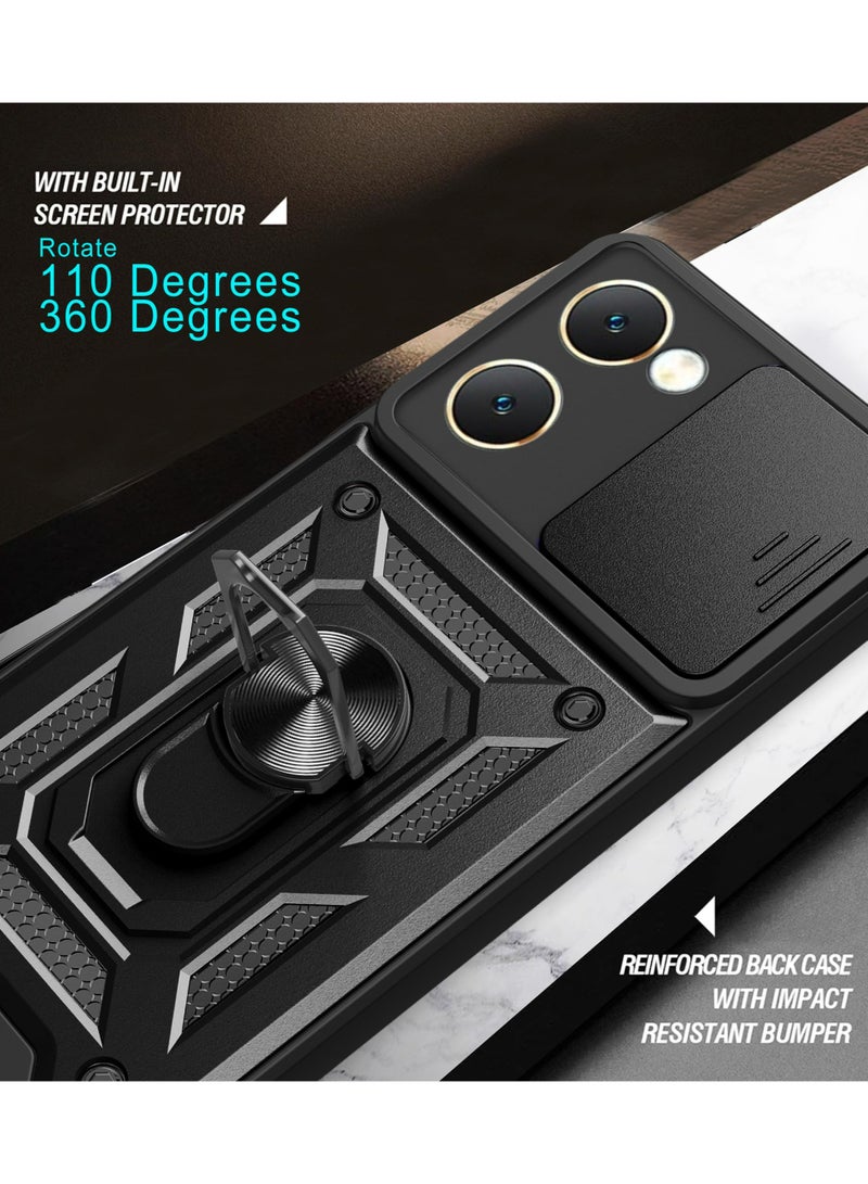 vivo Y03 4G/ Y18 4G/ Y18e 4G/ Y28s 5G Case, Slide Camera Lens Cover + 360°Rotating Kickstand Ring + Support Magnetic Car Mount Shockproof Mobile Phone Case Black - Image 4
