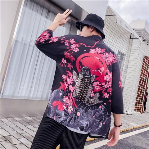 Japanese Retro Dark Ukiyo-e Kimono Cardigan Unisex Casual Loose Fit Shirt Jacket 04 Black Carp Robe