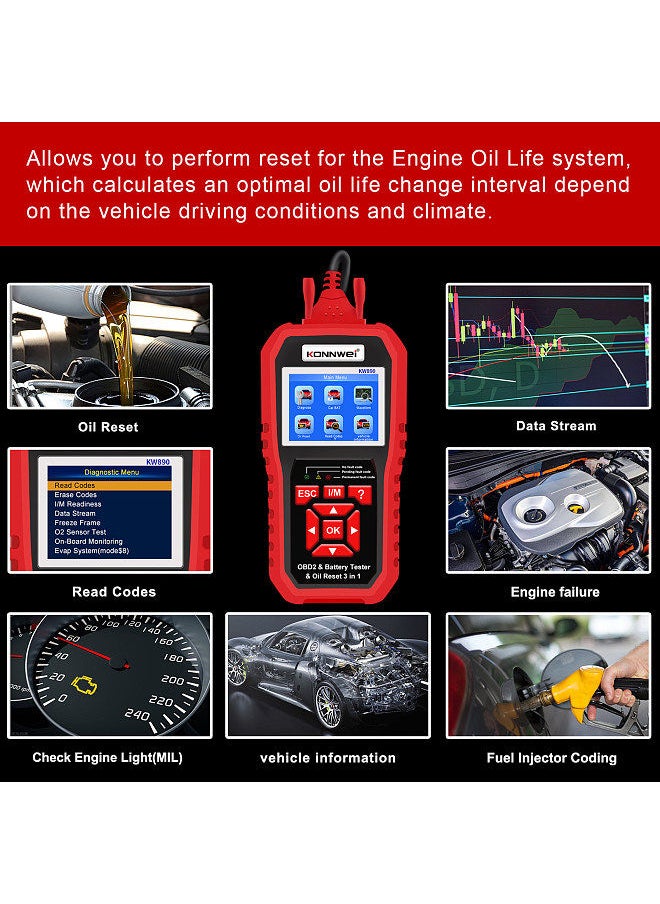 Konnwei - KONNWEI KW890 Professional OBDII Scanner Auto Code Reader Car Scanner+Battery Tester+Special Oil Reset Function Scan Tool for OBD II Cars After 1996(Original) - Image 1