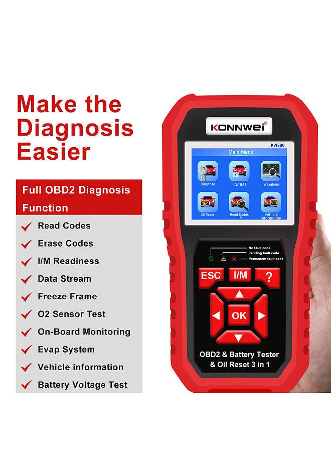 Konnwei - KONNWEI KW890 Professional OBDII Scanner Auto Code Reader Car Scanner+Battery Tester+Special Oil Reset Function Scan Tool for OBD II Cars After 1996(Original) - Image 1