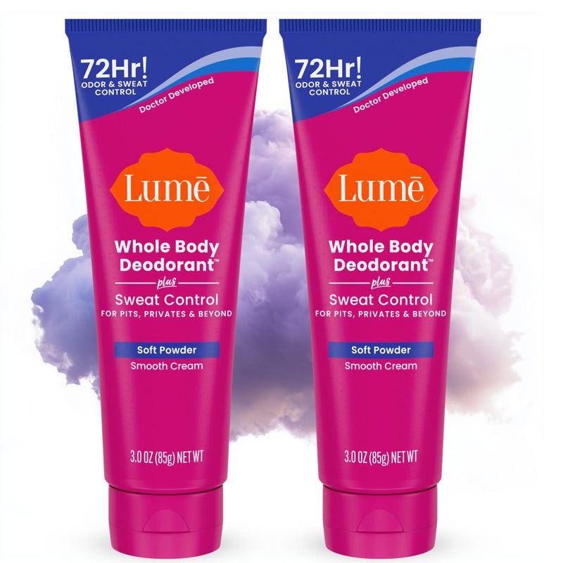 Lume Whole Body Deodorant Plus Sweat Control  Smooth Cream Tube  72 Hour Odor And Sweat Control  Baking Soda Free Skin Loving  30 ounce Pack of 2 Soft Powder