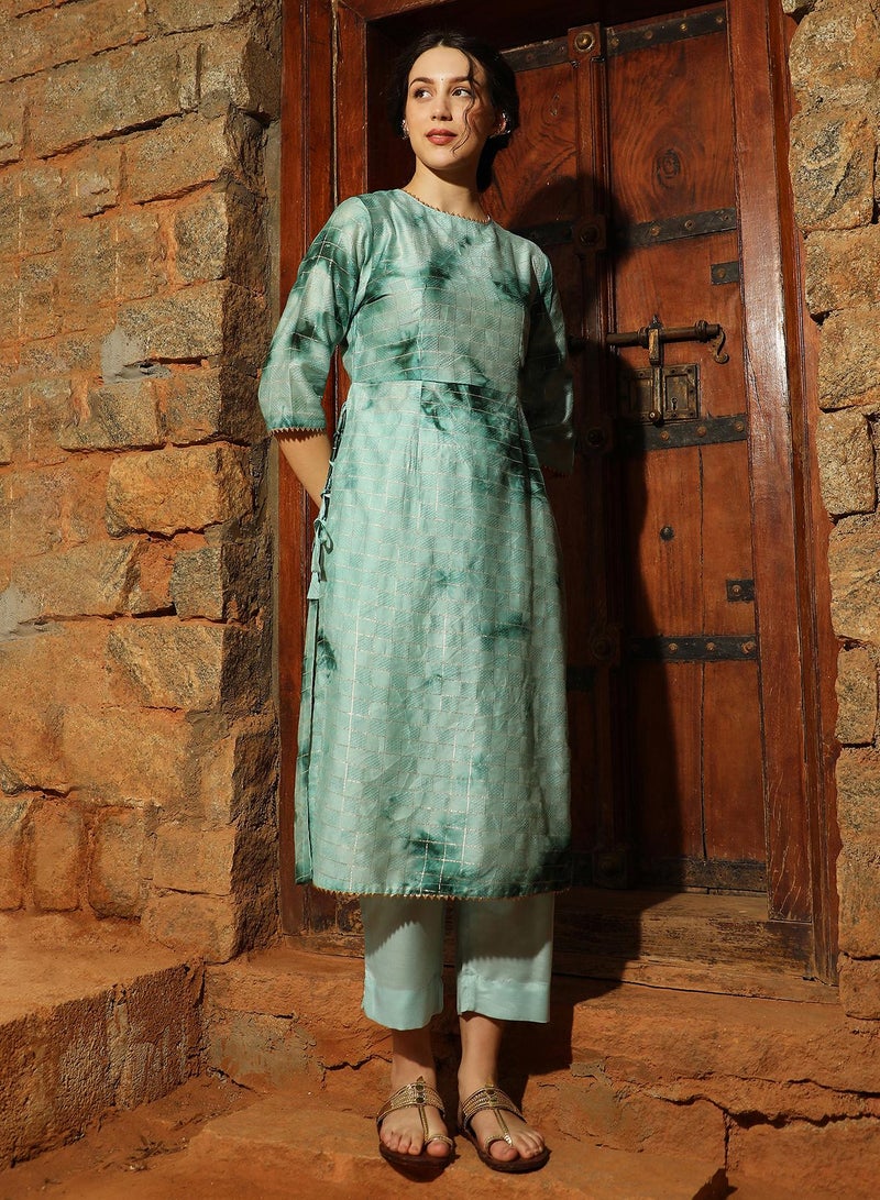 QISSA Women's Forest Green Tie-Dye Kurta With Trousers - Image 2