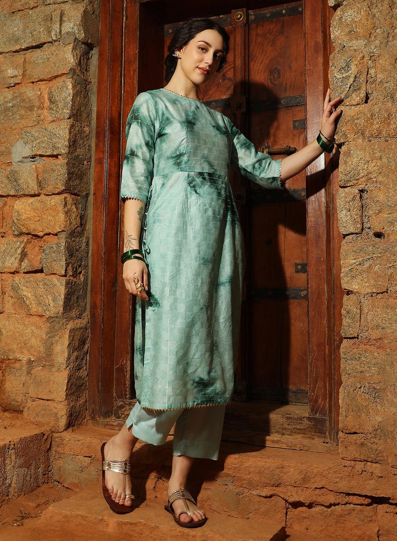 QISSA Women's Forest Green Tie-Dye Kurta With Trousers - Image 3