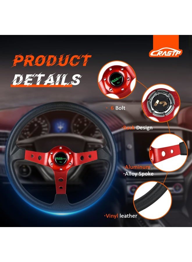 RASTP Universal Racing Steering Wheel,Drifting Deep Dish Steering Wheel 13.8”/350mm 6 Bolts Grip Vinyl Leather & Aluminum with Horn Button for Car -Red - Image 2