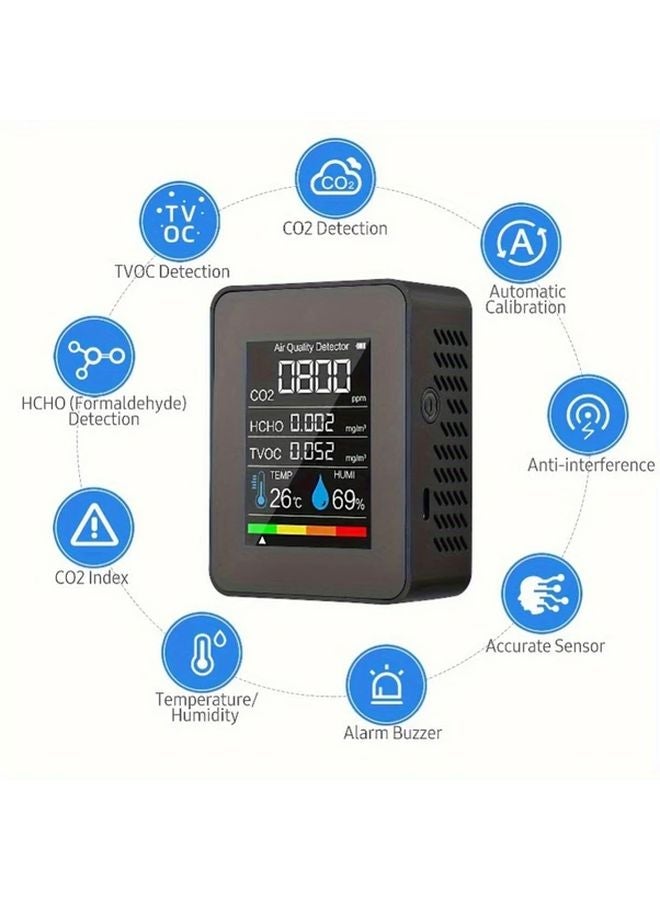White 5 In 1 Air Quality Monitor CO2 Formaldehyde Temperature Humidity TVOC Detector - Image 2