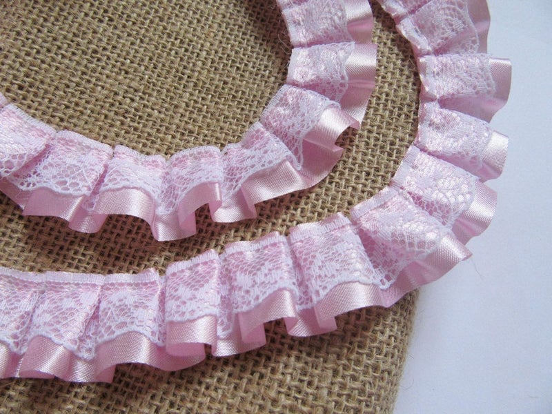 YYCRAFT Pack of 5y Satin Ribbon Lace Edge 1 Inch Trim Vintage Bridal Wedding Ribbon Sewing-Pink - Image 2