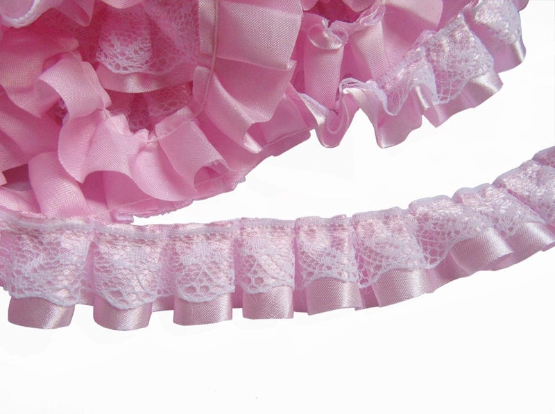 YYCRAFT Pack of 5y Satin Ribbon Lace Edge 1 Inch Trim Vintage Bridal Wedding Ribbon Sewing-Pink - Image 1