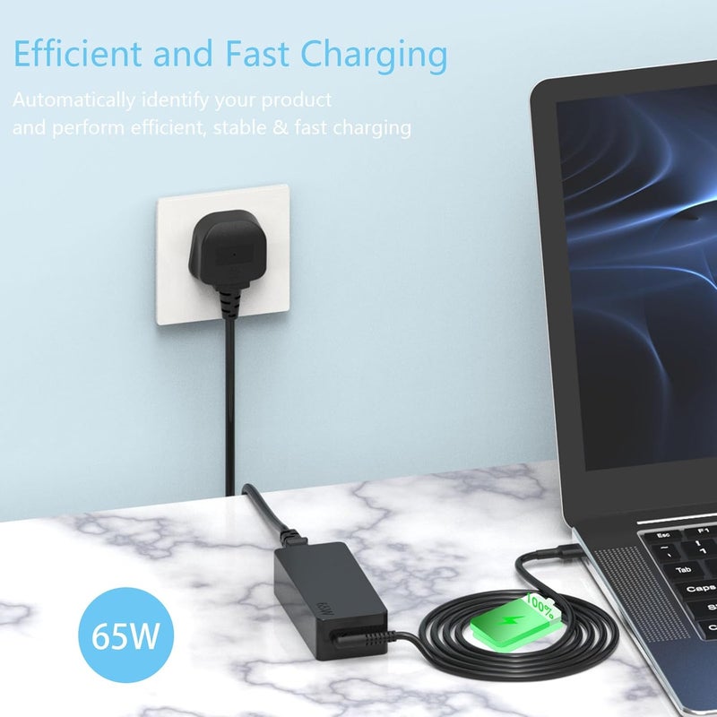 شاحن عالمي بقدرة 65 واط من نوع C لـ Chromebook من : متوافق مع HP Dell Acer Asus Google Samsung Huawei شاحن USB C سريع ومحول طاقة بديل - Image 4