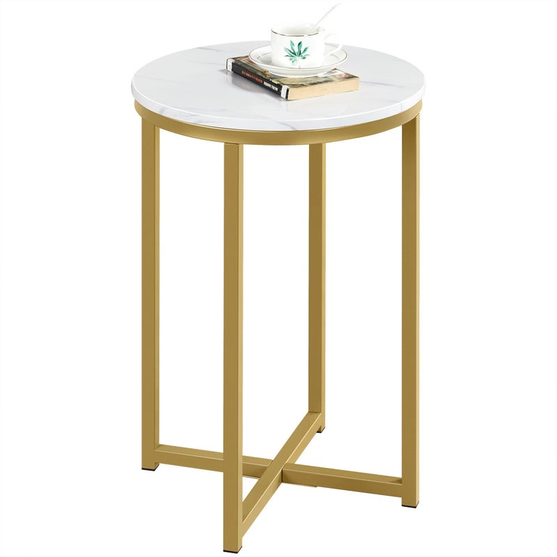 Yaheetech Round Side Table Marble Effect Gold Side Table with XBased  Sturdy Metal Legs End Table Bedside Table for BedroomLiving RoomOffice Mustard Gold 405 x 405 x 61 cm