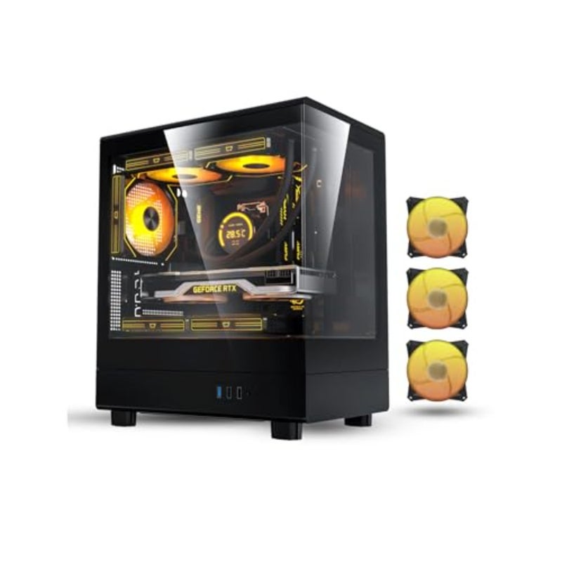 حقيبة كمبيوتر للألعاب لأجهزة M-ATX/ITX، زجاج مقسى، أسود، تصميم بانورامي 270 درجة مع مراوح ARGB 3 × 120 مم مثبتة مسبقًا، تدعم المبرد 240 مم، USB 3.0، فتحات SSD مزدوجة - Image 1