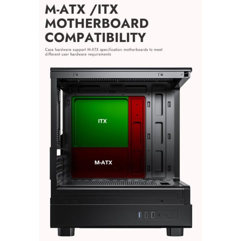 حقيبة كمبيوتر للألعاب لأجهزة M-ATX/ITX، زجاج مقسى، أسود، تصميم بانورامي 270 درجة مع مراوح ARGB 3 × 120 مم مثبتة مسبقًا، تدعم المبرد 240 مم، USB 3.0، فتحات SSD مزدوجة - Image 4