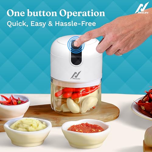 NexLev Mini Electric Chopper | 3D Stainless Steel Blade | Food Grade Bowl | For Mincing Garlic Ginger Onion Vegetable Meat Nuts | 250 ml | One Touch Operation | MC-01 - Image 2