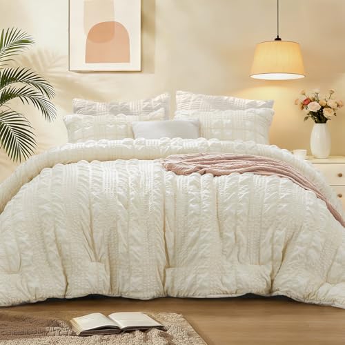 BEDELITE Cream Comforter Set Queen All Season Luxury Seersucker Bedding Set with Pillowcases Soft Lightweight Comforter 3 Pieces for Bedroom - Image 1