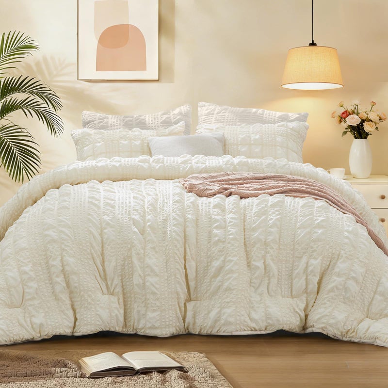 BEDELITE Cream Comforter Set Queen All Season Luxury Seersucker Bedding Set with Pillowcases Soft Lightweight Comforter 3 Pieces for Bedroom - Image 2