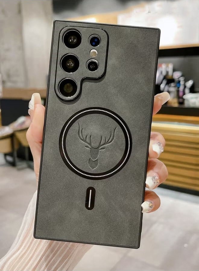 Lambskin Leather Elk Pattern Case For Samsung S24 Ultra Shockproof Magnetic For Magsafe Wireless Charge Cover Soft Faux Leather Phone Case,[Compatible with Mag-Safe] Premium Protective Cover (Grey) - Image 1