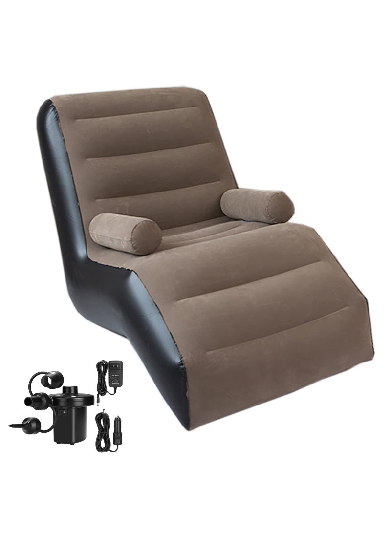 عربست كرسي استلقاء قابل للنفخ مع مضخة هواء، كرسي استرخاء قابل للطي لغرفة النوم وغرفة المعيشة، أريكة استرخاء داخلية مع درابزين (بني) - Image 1