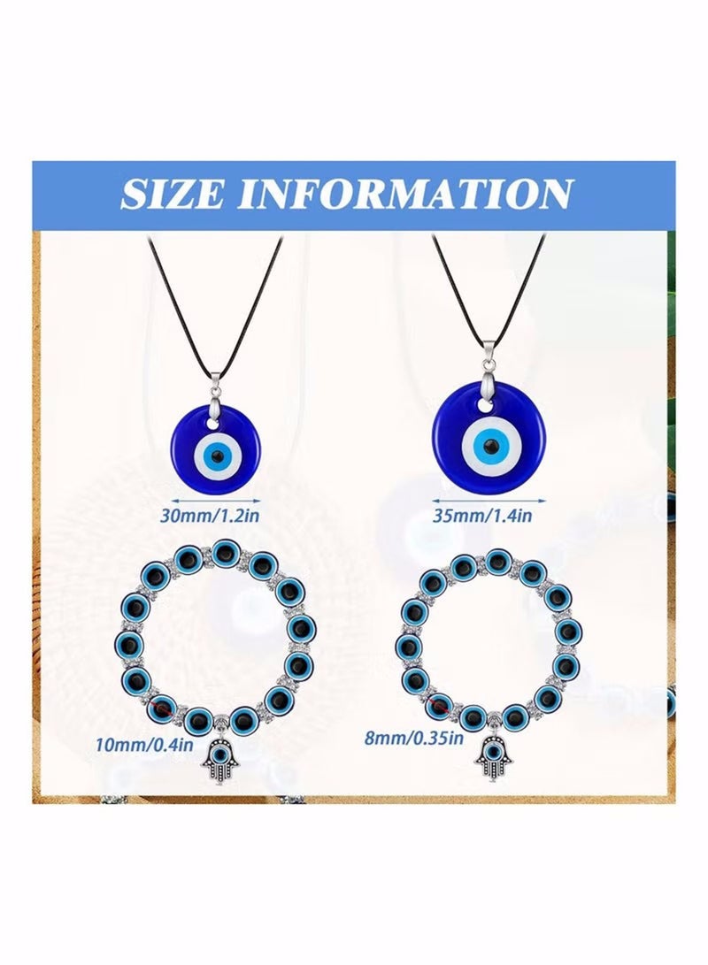4 Pieces Eye Necklace with Eye Bracelet Set Blue Eye Bead Hand Stretch Bracelet and Glass Eye Faux Leather Rope Chain Necklace for Women and Men - Image 2