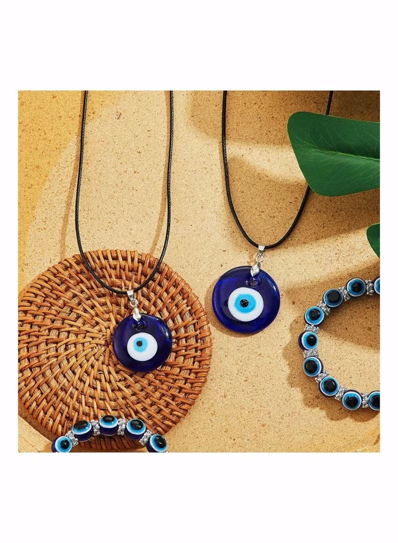4 Pieces Eye Necklace with Eye Bracelet Set Blue Eye Bead Hand Stretch Bracelet and Glass Eye Faux Leather Rope Chain Necklace for Women and Men - Image 5