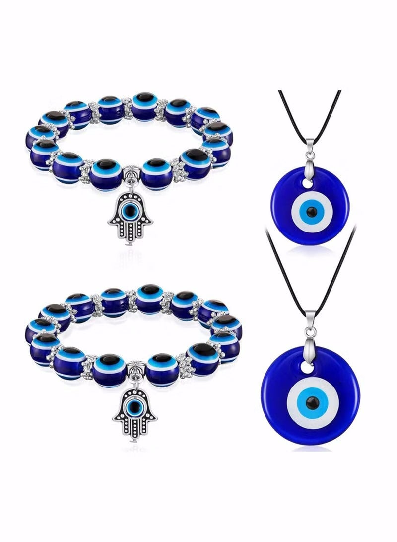 4 Pieces Eye Necklace with Eye Bracelet Set Blue Eye Bead Hand Stretch Bracelet and Glass Eye Faux Leather Rope Chain Necklace for Women and Men - Image 1