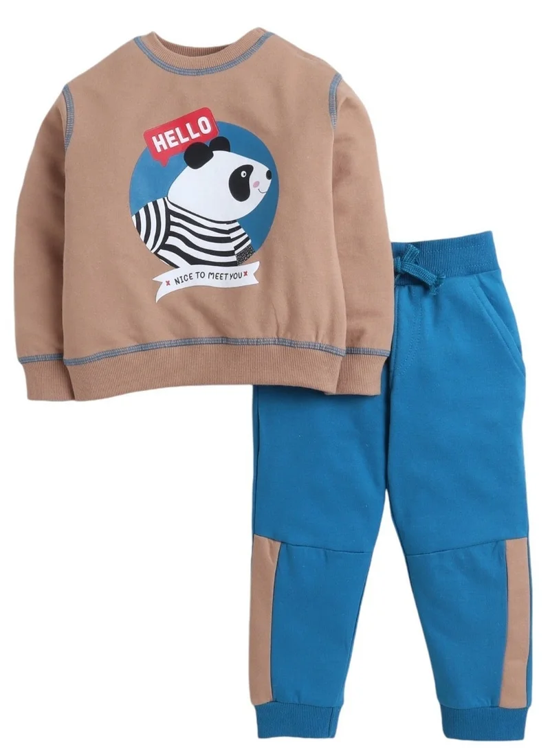 victor and jane Hello- Boys 2 piece Set -Sweatshirt and Joggers Set- LT Brown