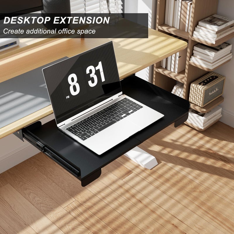 Gaxomo 20 Inch Under Desk Mounted Sliding Loptop Drawer, Desktop Extension Pull-Out Laptop Tray for Office Desk, Extra Storage Organizer for Sit Stand Workstation - Image 3