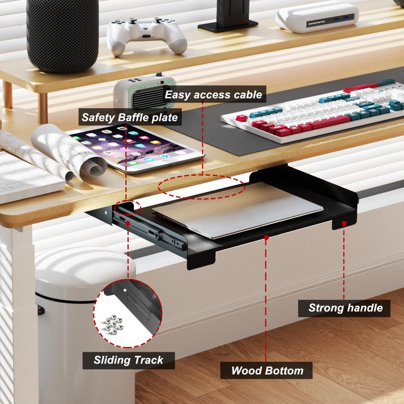 Gaxomo 20 Inch Under Desk Mounted Sliding Loptop Drawer, Desktop Extension Pull-Out Laptop Tray for Office Desk, Extra Storage Organizer for Sit Stand Workstation - Image 5