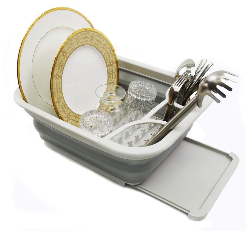 SAMMART Collapsible Dish Drainer with Drainer Board - Foldable Drying Rack Set - Portable Dinnerware Organizer - Space Saving Kitchen Storage Tray (1, Grey) - Image 1