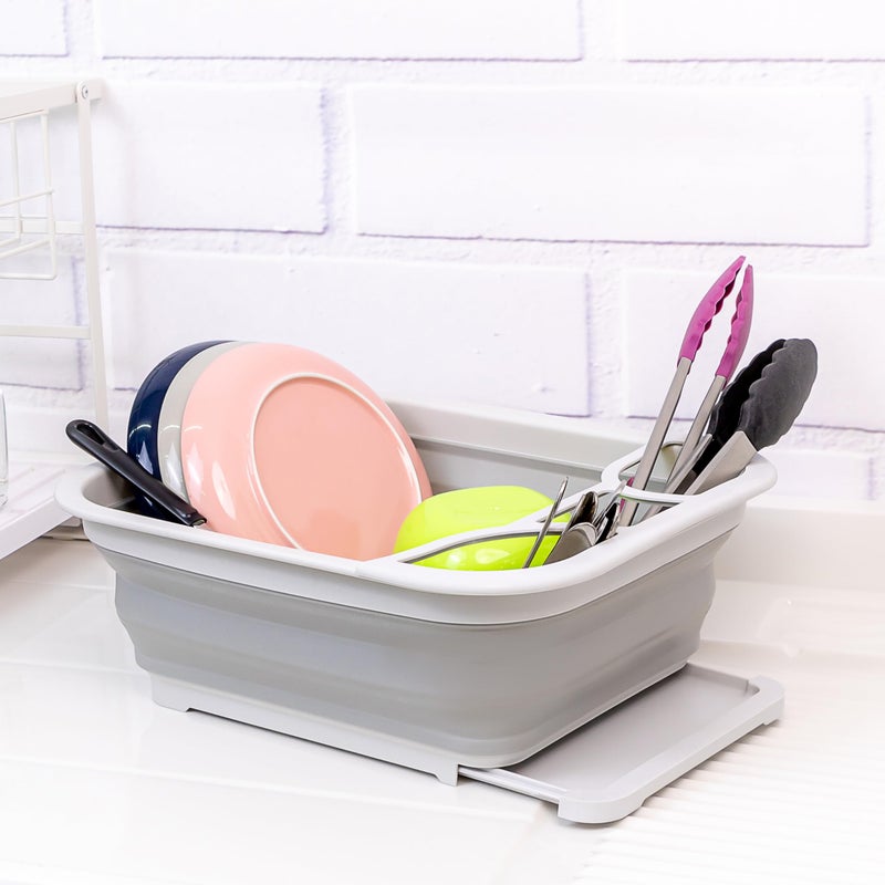 SAMMART Collapsible Dish Drainer with Drainer Board - Foldable Drying Rack Set - Portable Dinnerware Organizer - Space Saving Kitchen Storage Tray (1, Grey) - Image 5