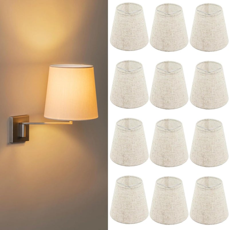 Lnrueg 12 PCS Fabric Lamp Shade, Clip-on Fabric Lamp Shade, Traditional Chandelier Candle Bulb Lampshade, Linen Fabric Elegant Lampshade, 3.5" Top x 5.1" Slant Height x 5.5" Bottom - Image 2